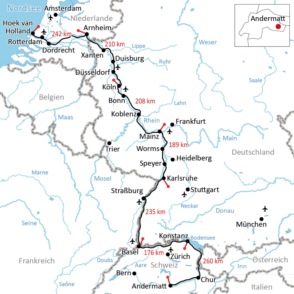 Der Rhein-Radweg von Andermatt bis zur Nordsee