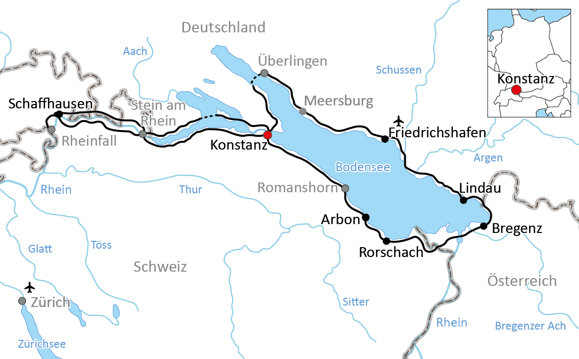 Karte zur Bodensee-Radtour mit Ausflug zum Rheinfall