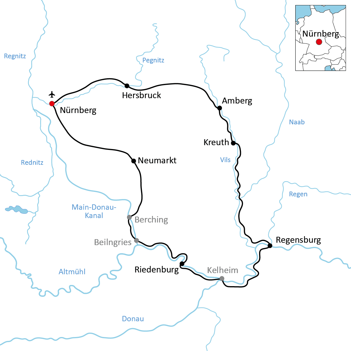 Karte zum Fünf-Flüsse-Radweg