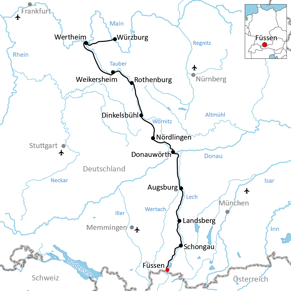 Karte zur Radtour auf der Romantischen Straße