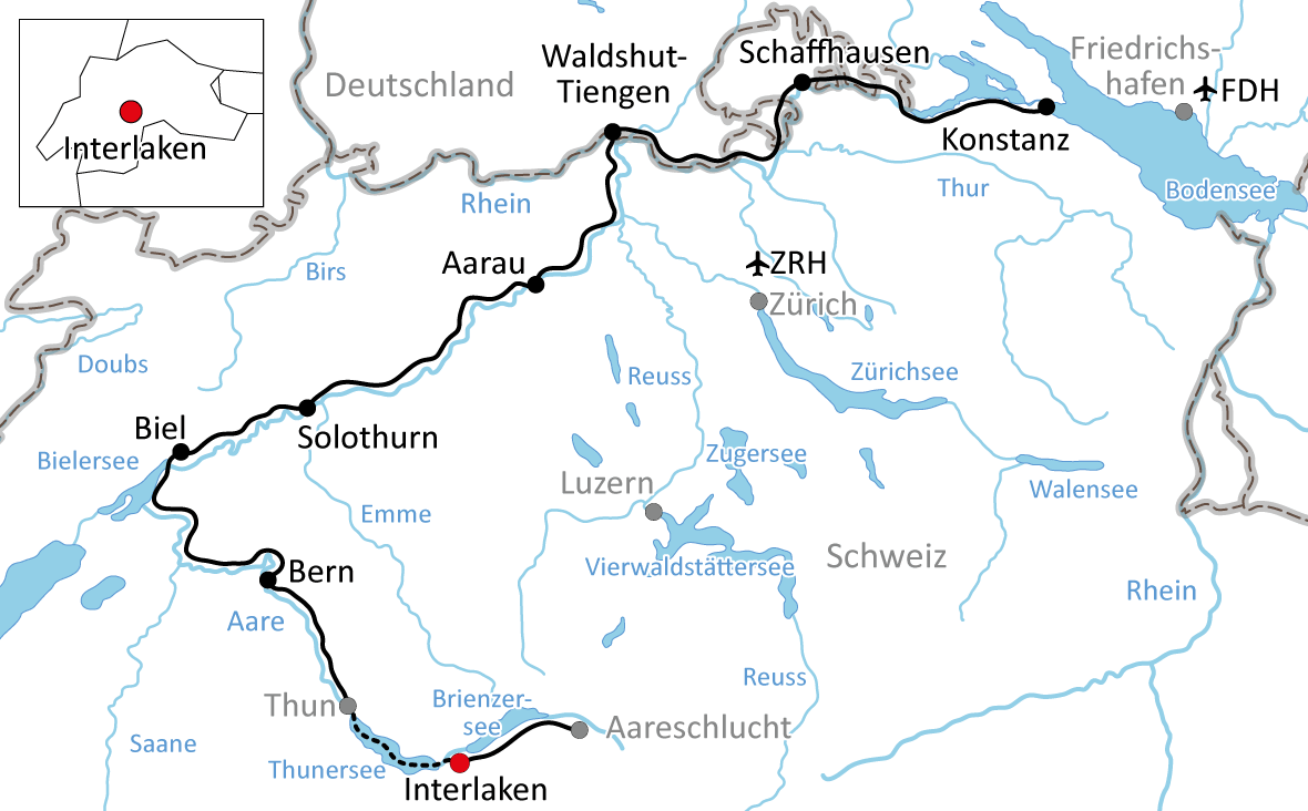 Karte zur Radreise an der Aare