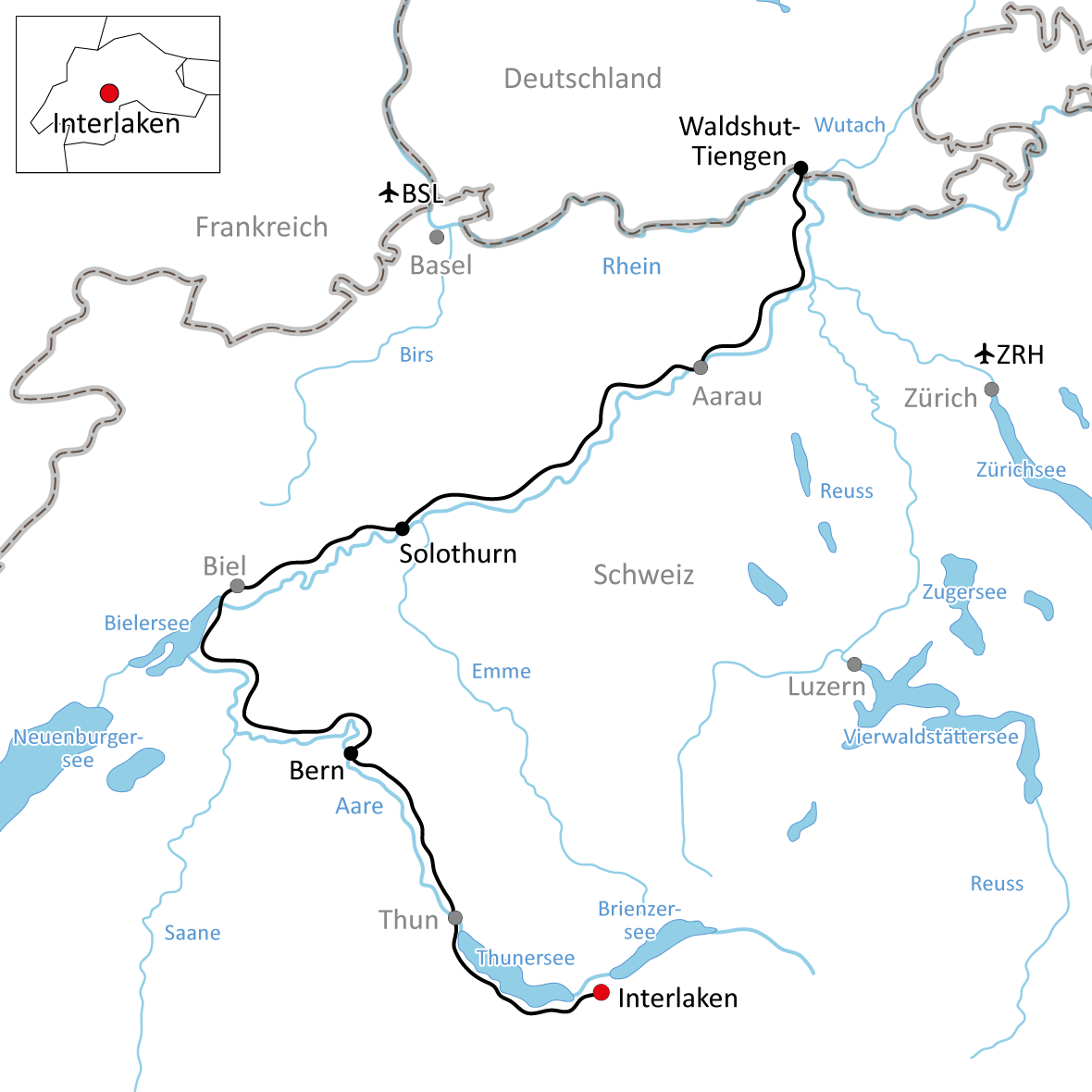 Karte zum Aare-Radweg für Sportliche