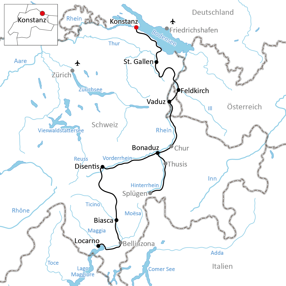 Karte zur Radtour vom Bodensee zum Lago Maggiore