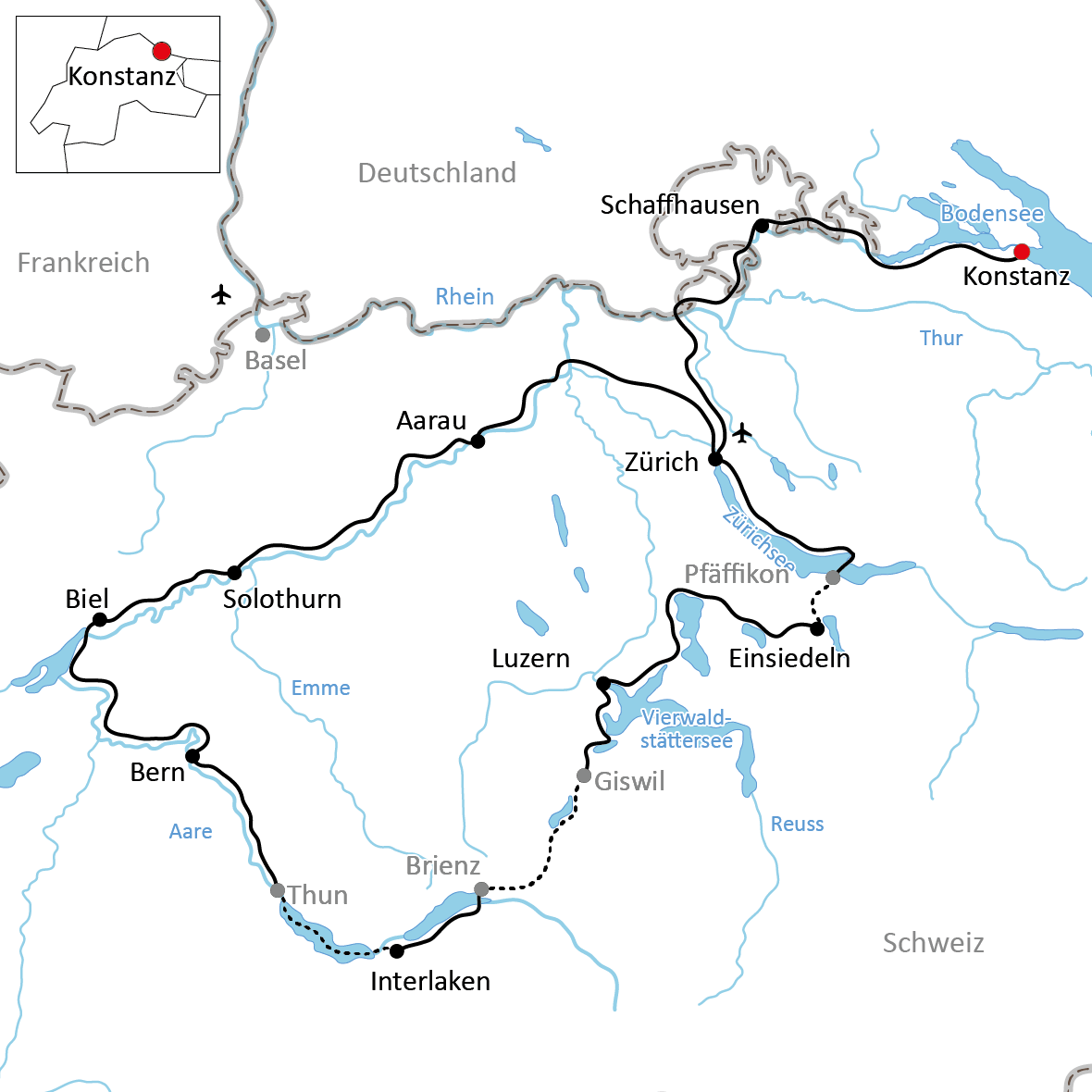 Karte zum großen Radurlaub in der Schweiz
