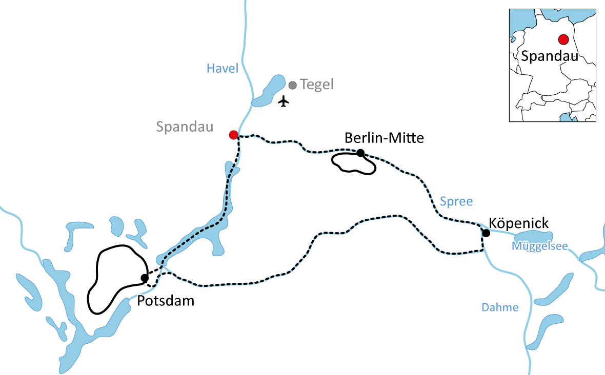 Karte zur Reise mit Rad und Schiff rund um Berlin