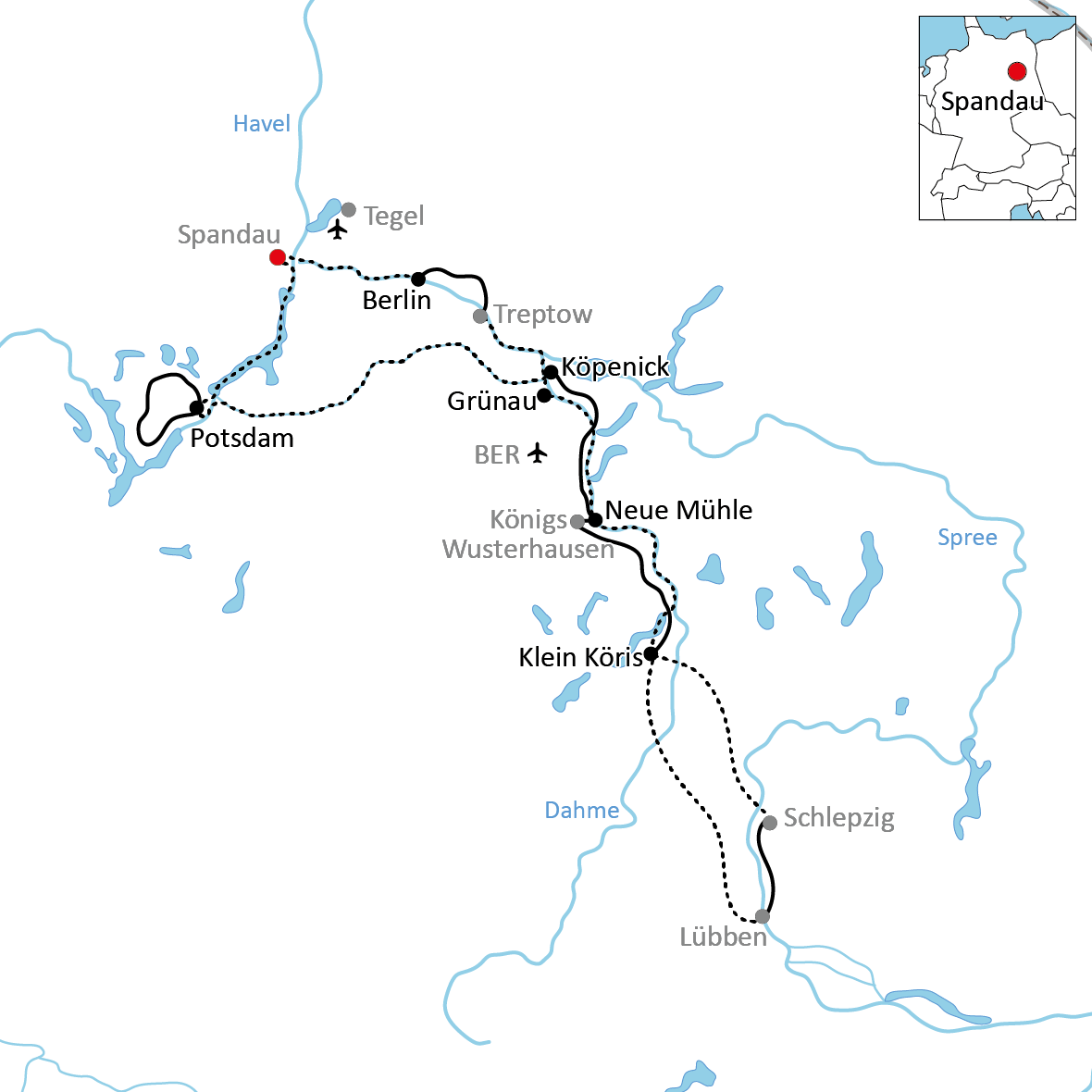 Karte zur Reise mit Rad und Schiff: Berlin, Potsdam & Spreewald