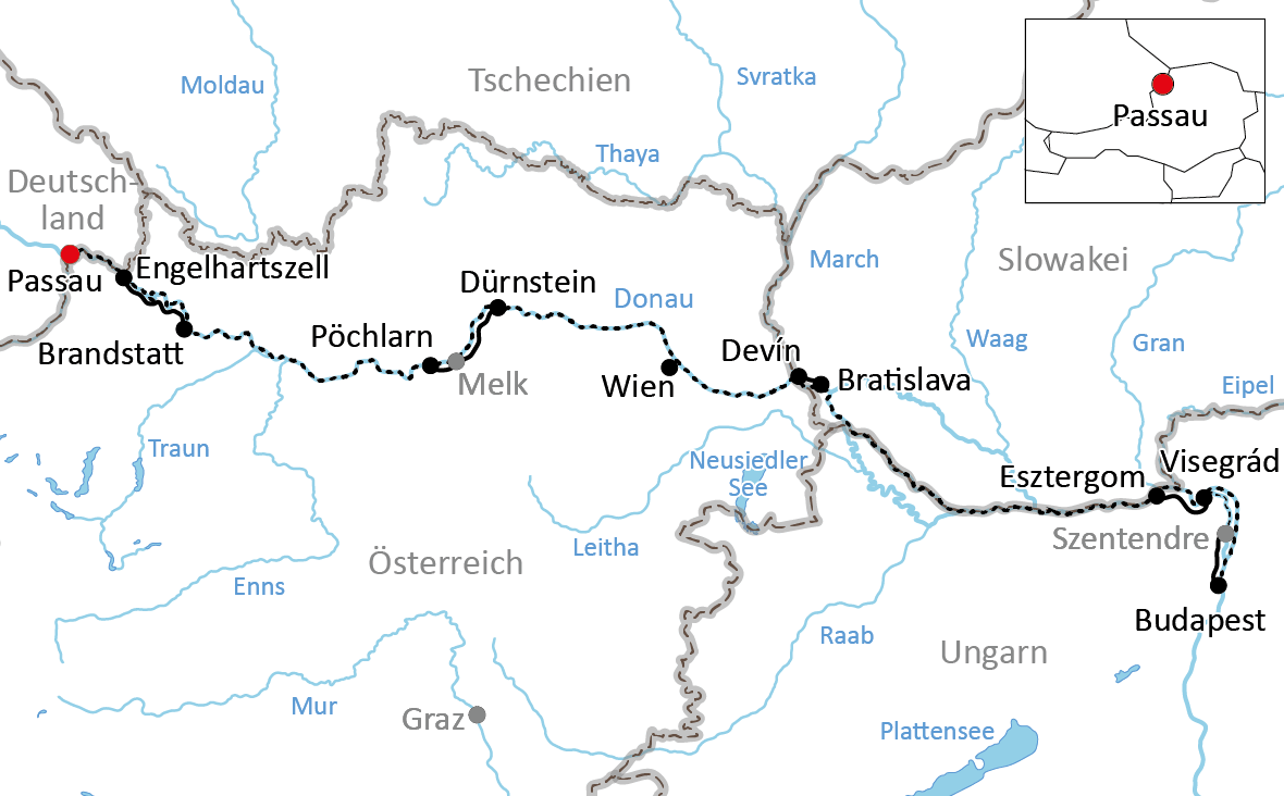 Karte zur Reise mit Rad und Schiff auf der Donau