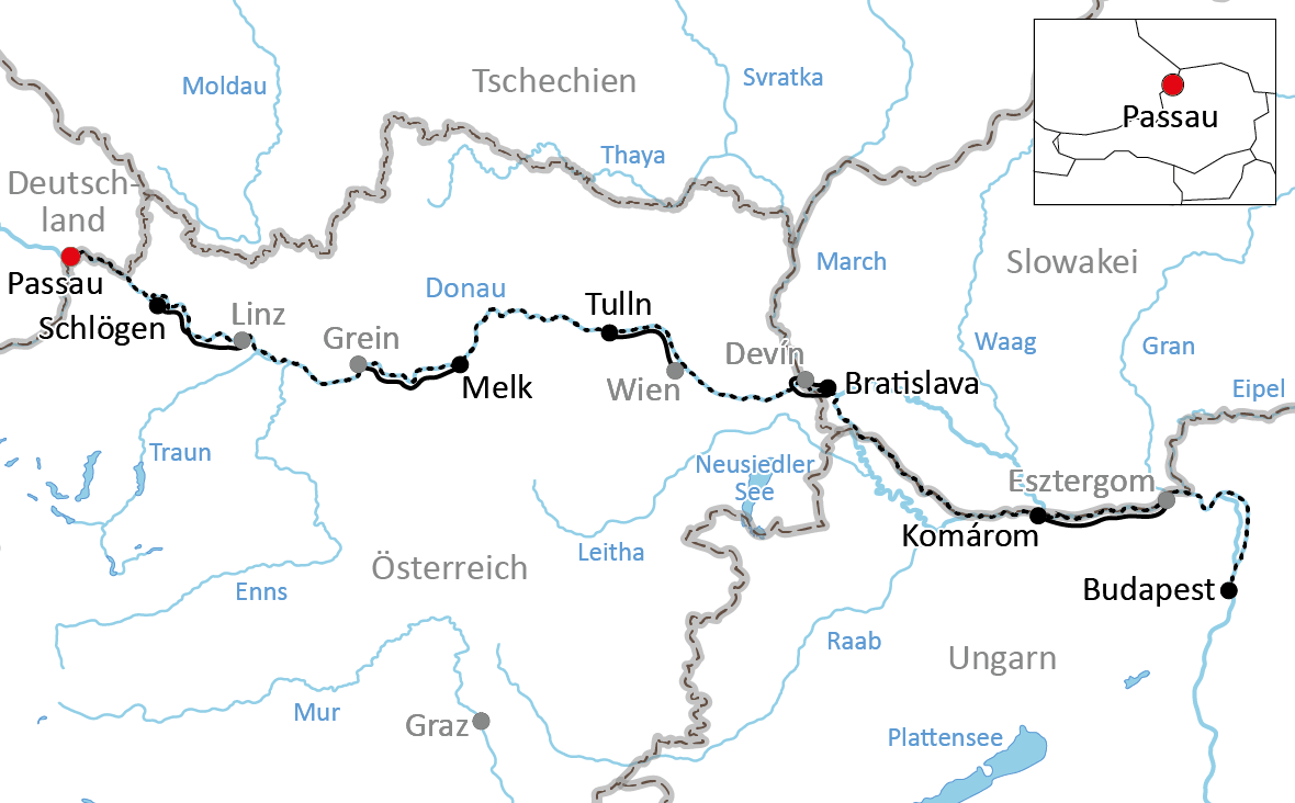 Karte zur Reise mit Rad & Schiff durch Österreich und Ungarn