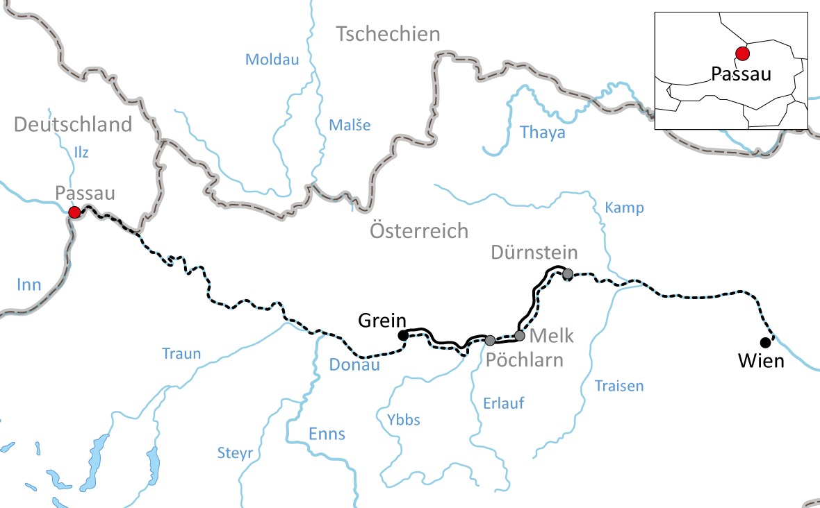 Karte zur kurzen Donaukreuzfahrt von Passau nach Wien