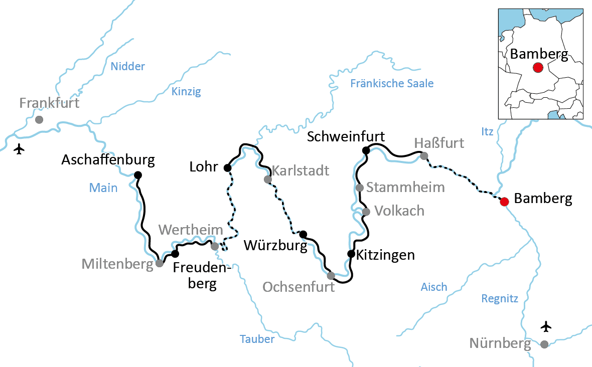 Karte zur Reise mit Rad und Schiff am Main von Bamberg nach Aschaffenburg