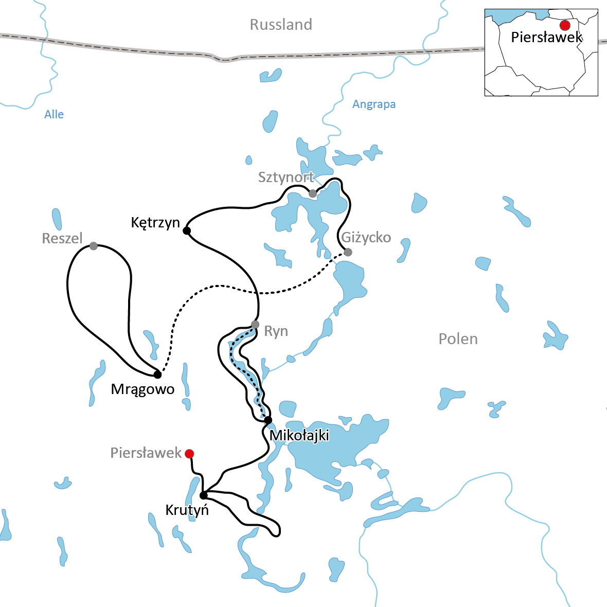 Karte zur Radtour durch Masuren