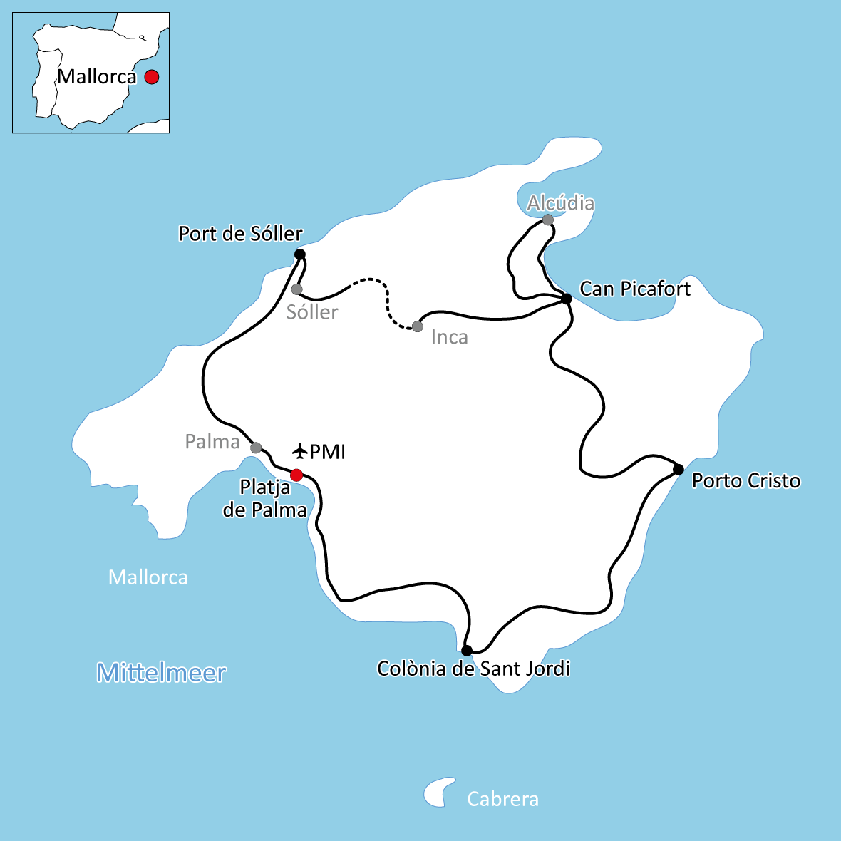 Karte zur großen Radtour auf Mallorca