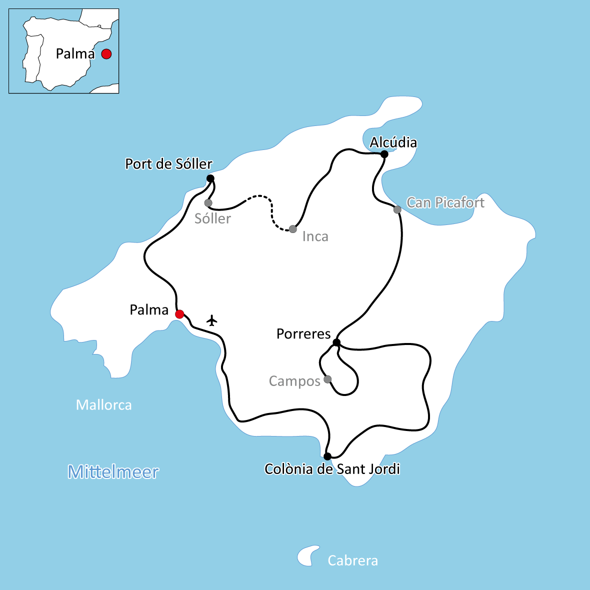 Karte für den Radurlaub auf Mallorca