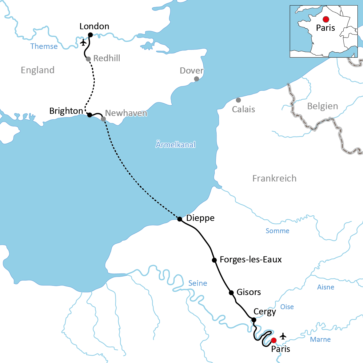 Karte zur Radreise von Paris nach London