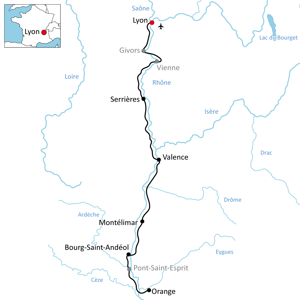 Karte zur Radreise an der Rhône von Lyon nach Orange