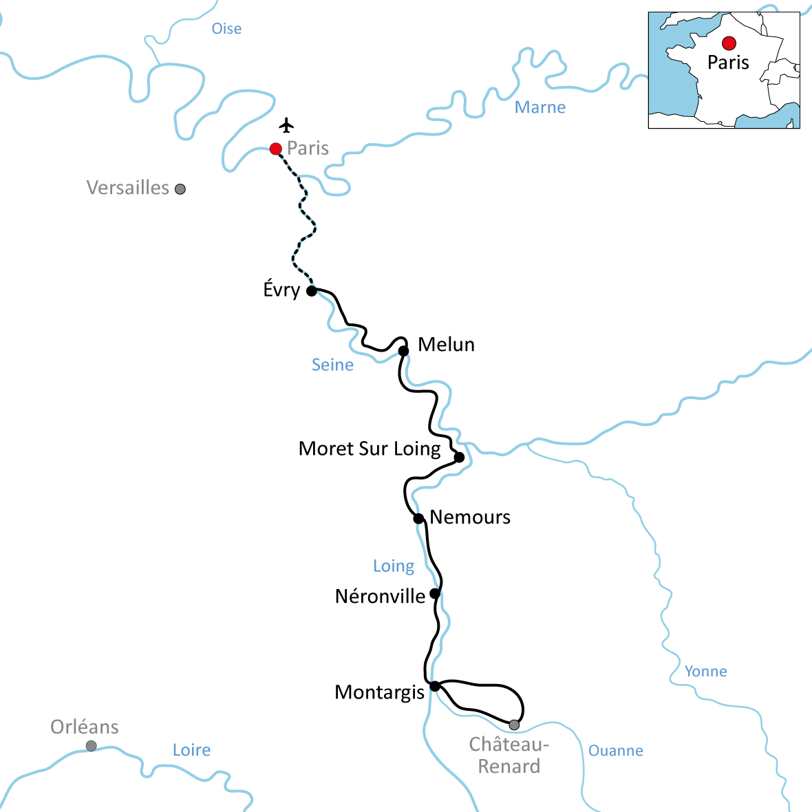 Karte zur Reise mit Rad und Schiff auf der Seine
