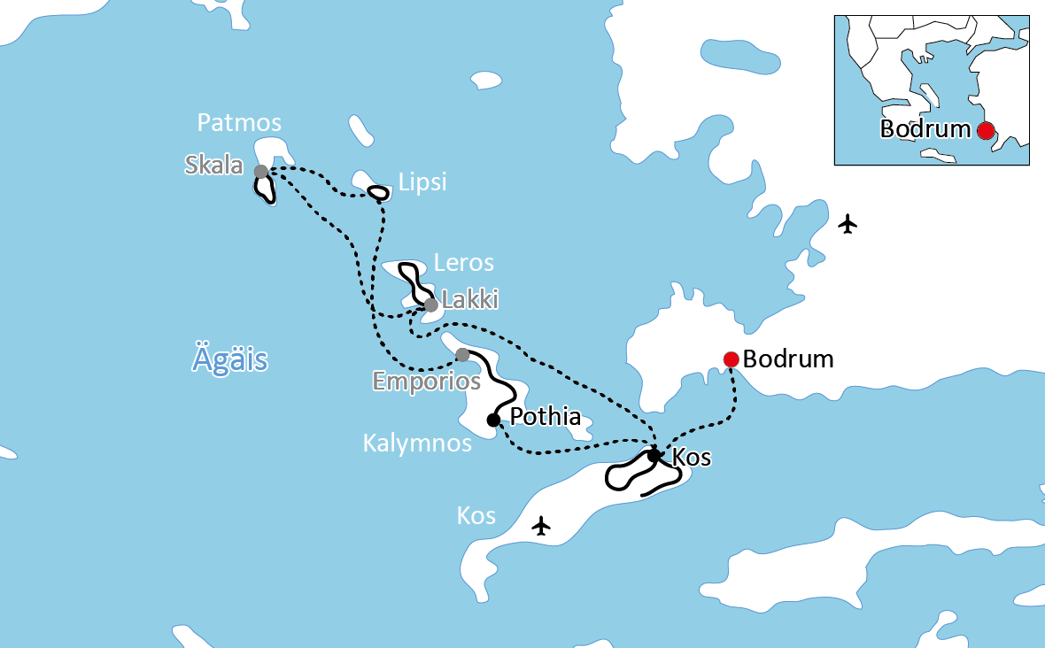Karte zur Reise mit Rad in Schiff in der Ägäis
