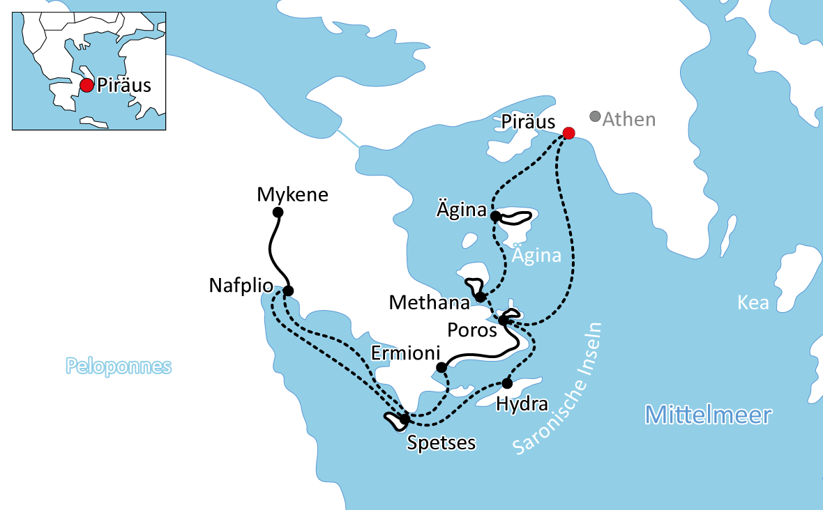 Karte zur Reise mit Rad und Schiff: Peloponnes und Saronische Inseln