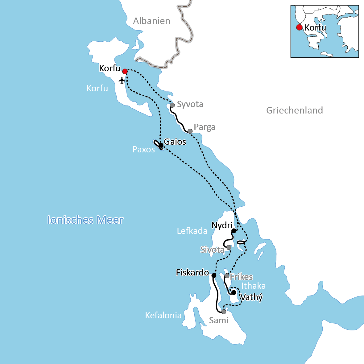 Karte zur Reise mit Rad & Schiff auf Korfu und den Ionischen Inseln
