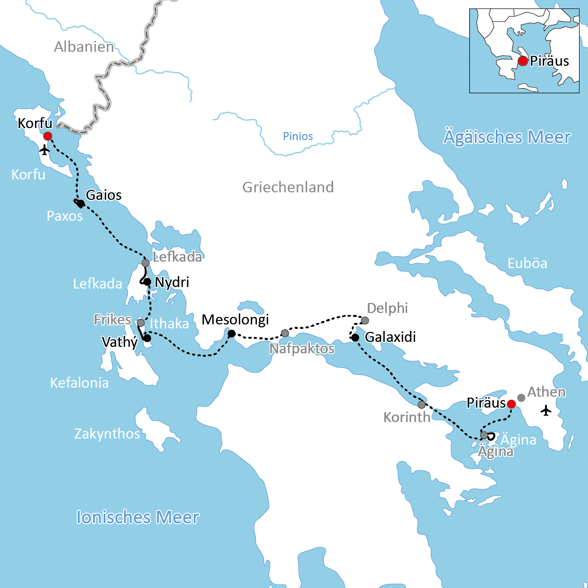Karte zur Reise mit Rad und Schiff zu den Ionischen Inseln