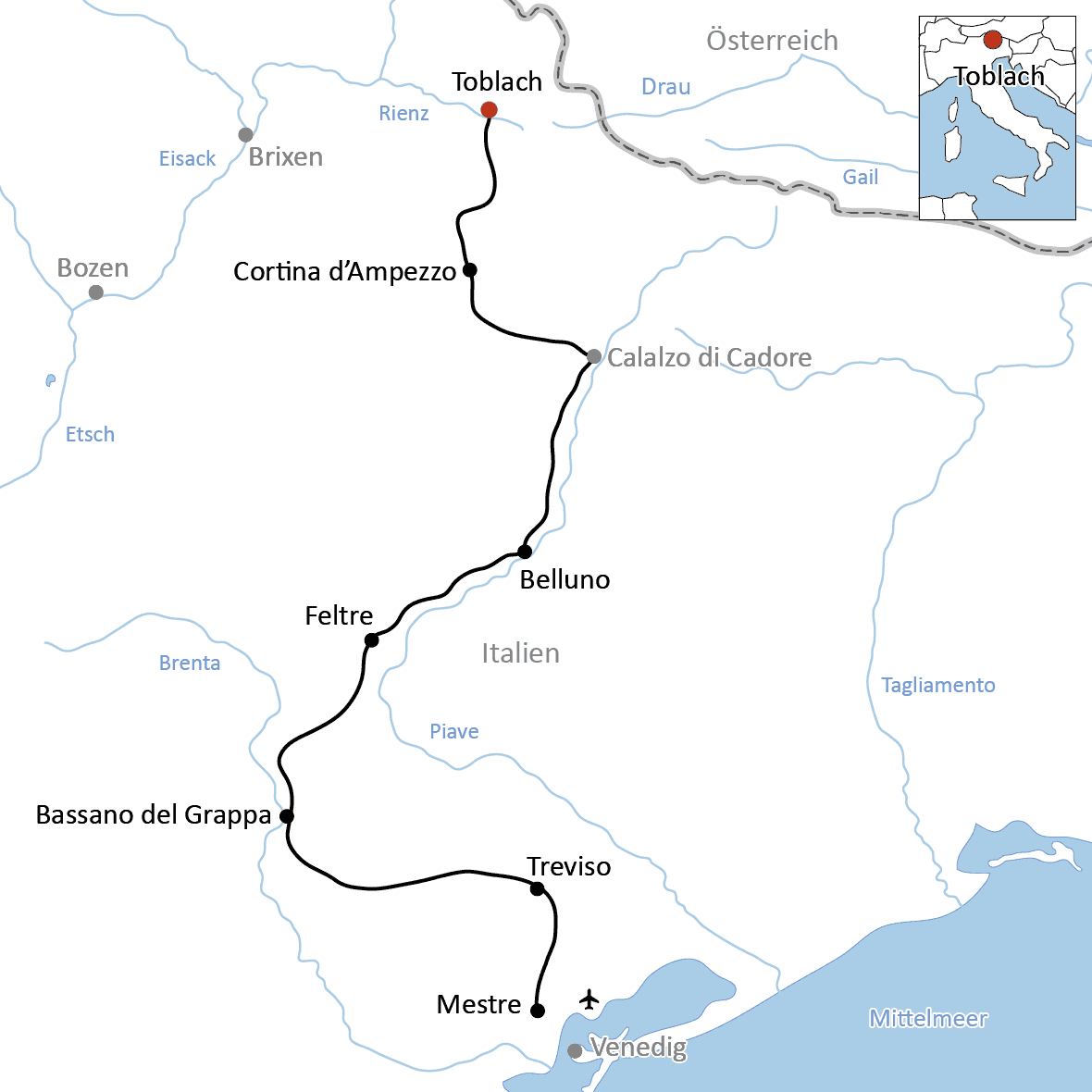 Radreise von den Dolomiten nach Venedig
