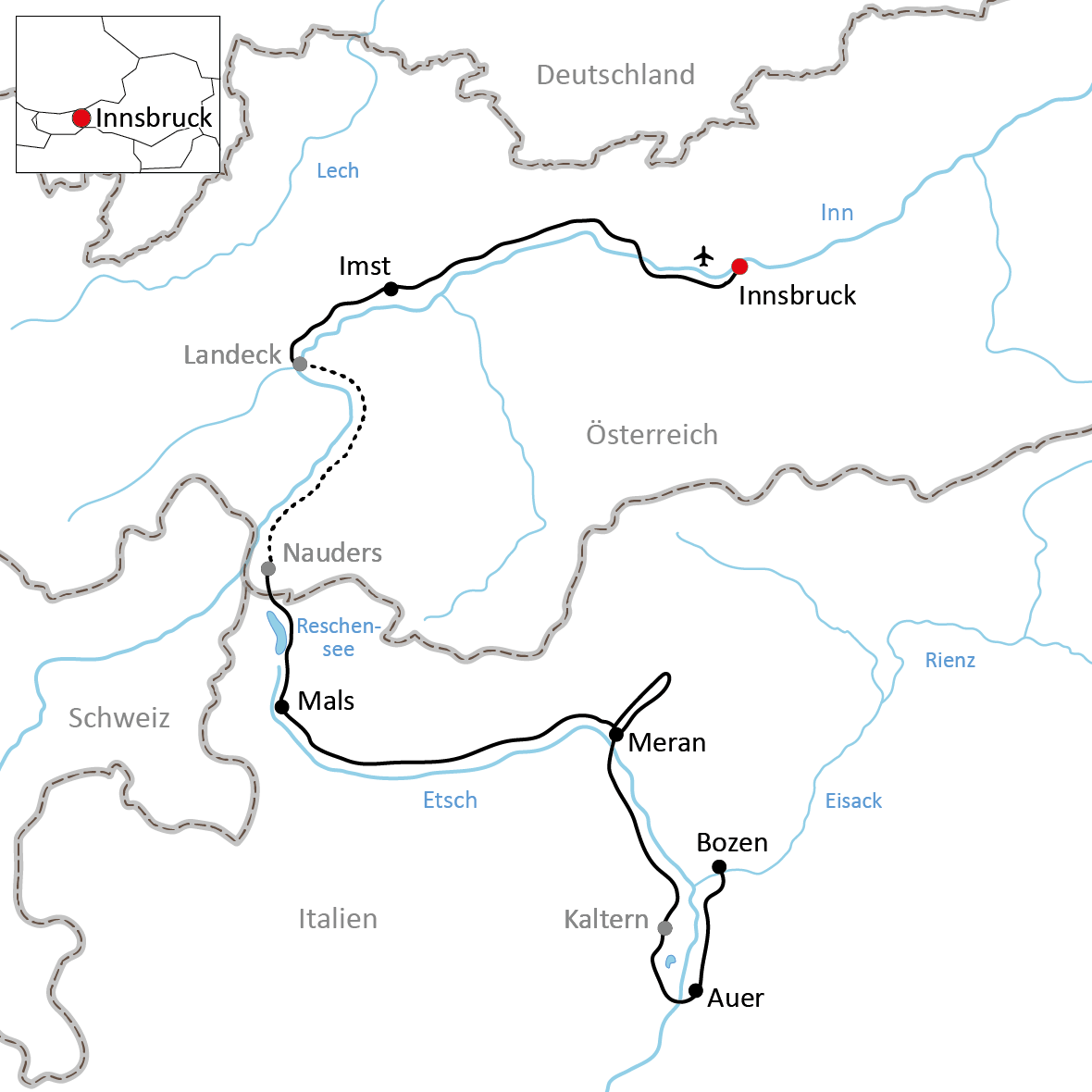 Radtour an der Etsch durch Südtirol