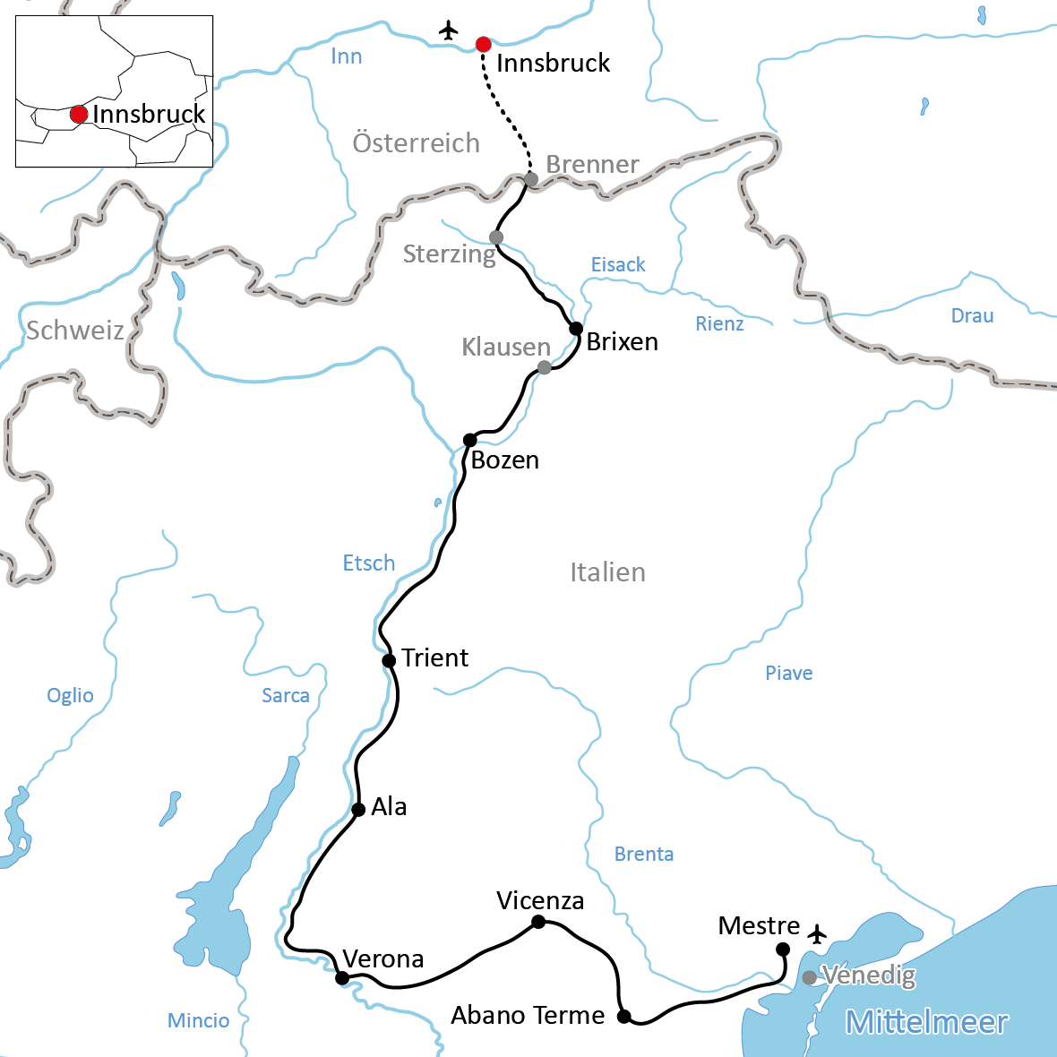Eisacktal-Radweg von Innsbruck nach Venedig