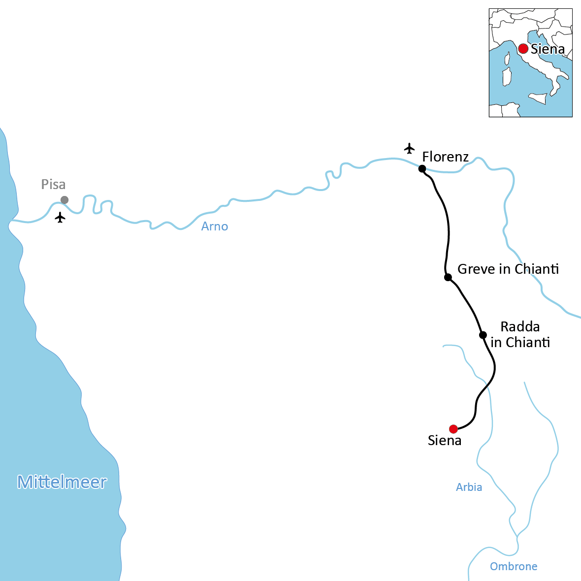 Karte zur Radtour durch den Chianti
