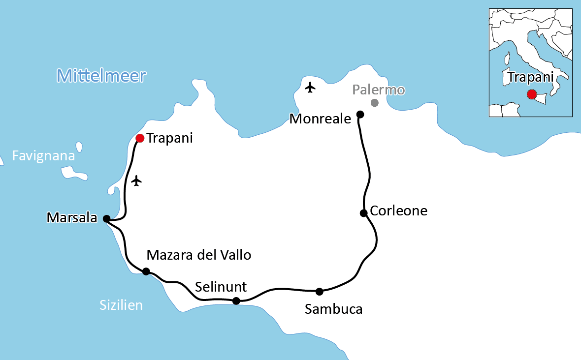 Karte zur Radtour in West-Sizilien