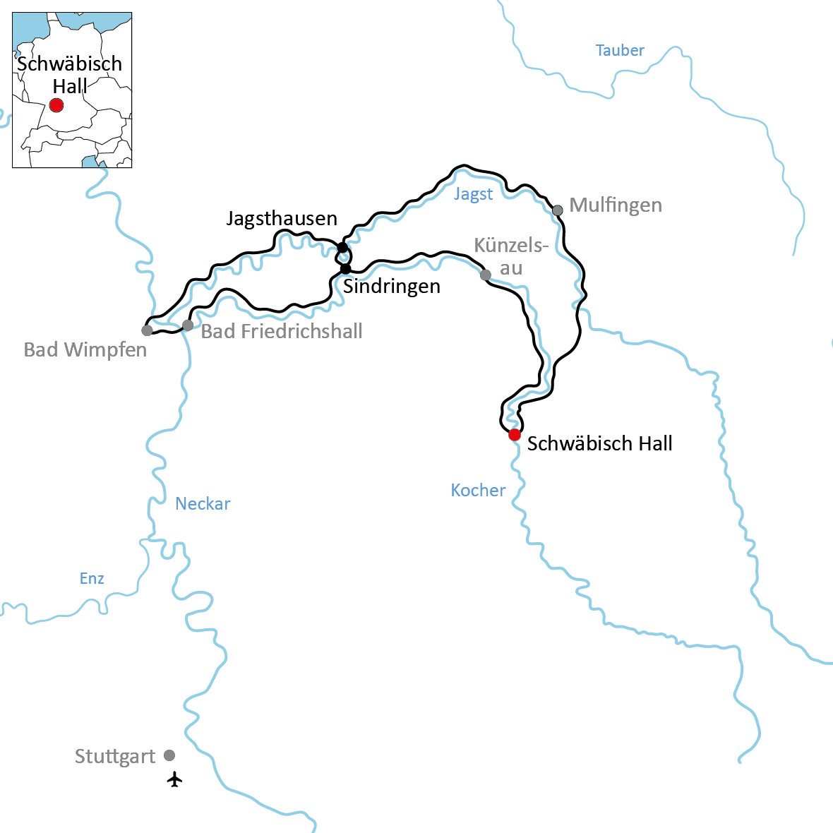 Karte zur Radtour an Kocher und Jagst