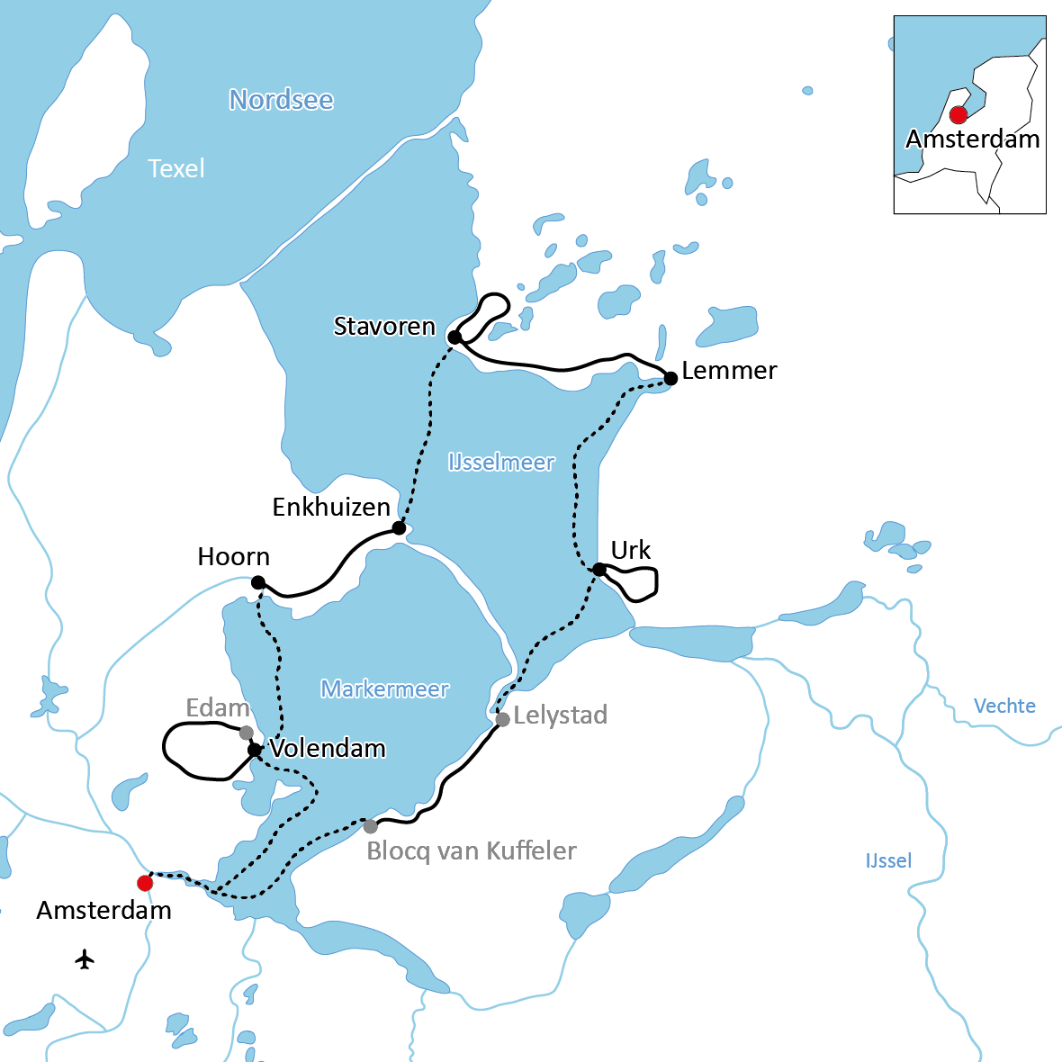 Karte zur Reise mit dem Rad und unter Segeln in Holland