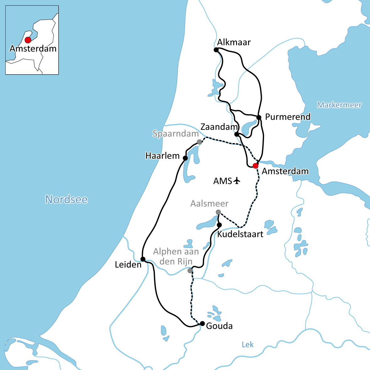 Karte zur Tulpentour in Holland mit Rad und Schiff