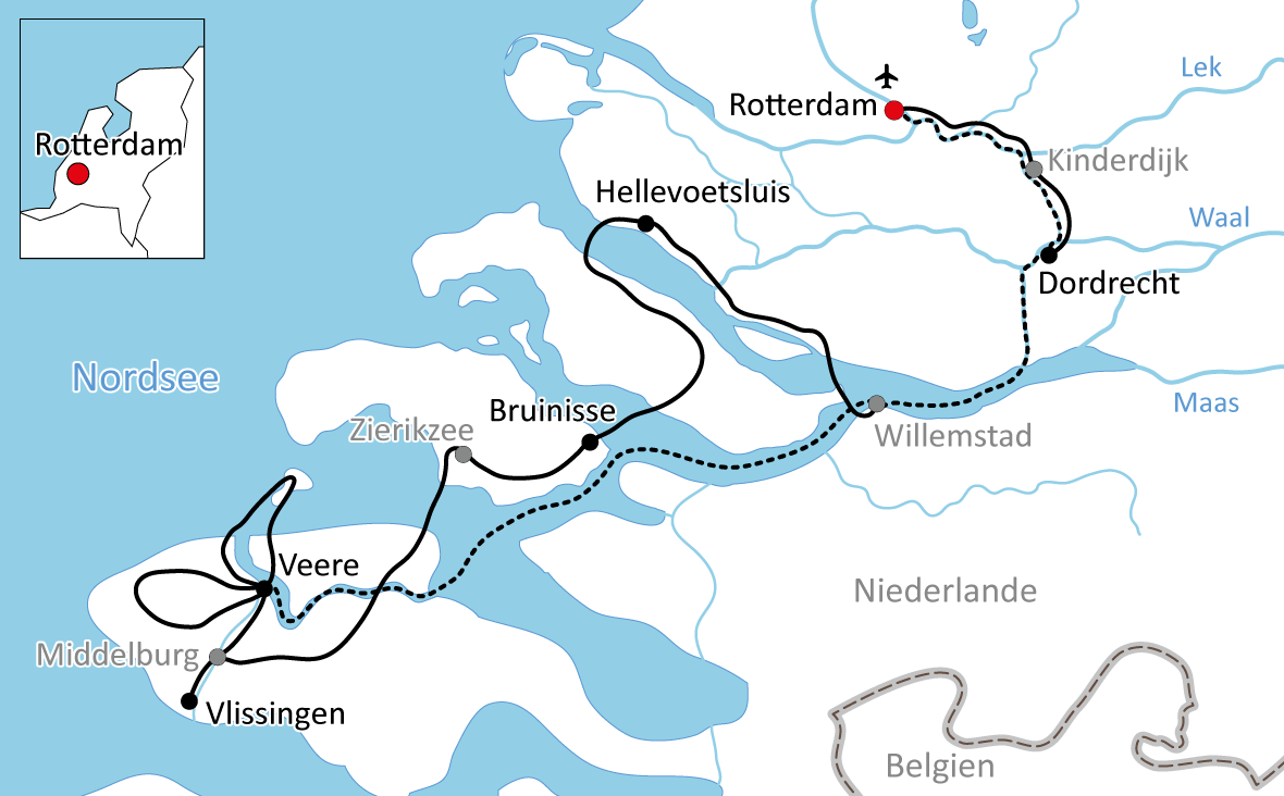 Karte zur Reise mit Rad und Schiff durch Zeeland
