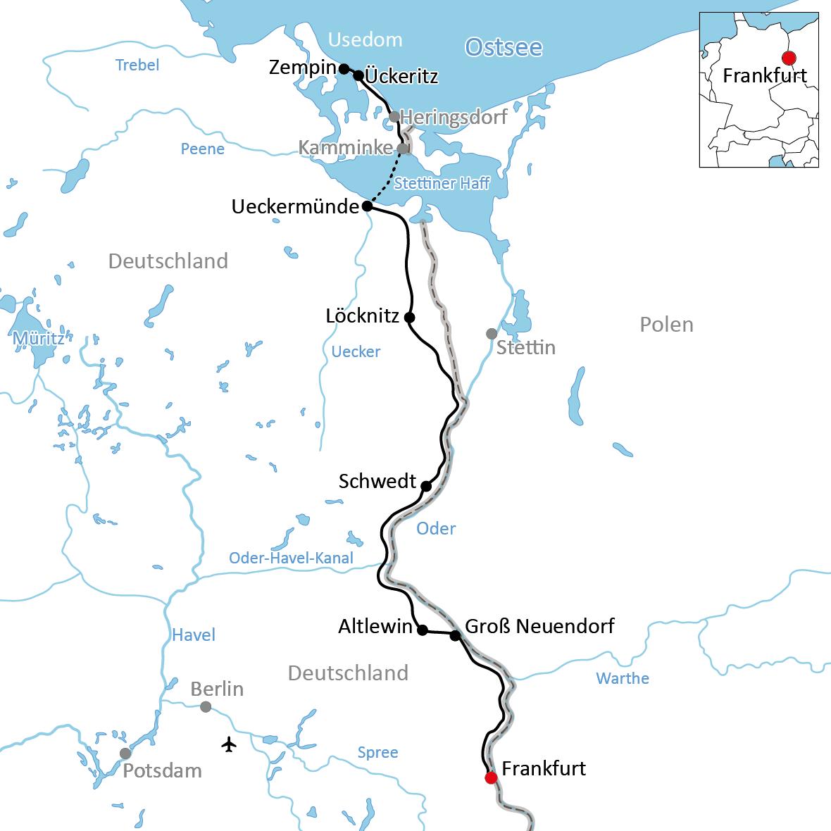 Karte zur Radtour an der Oder