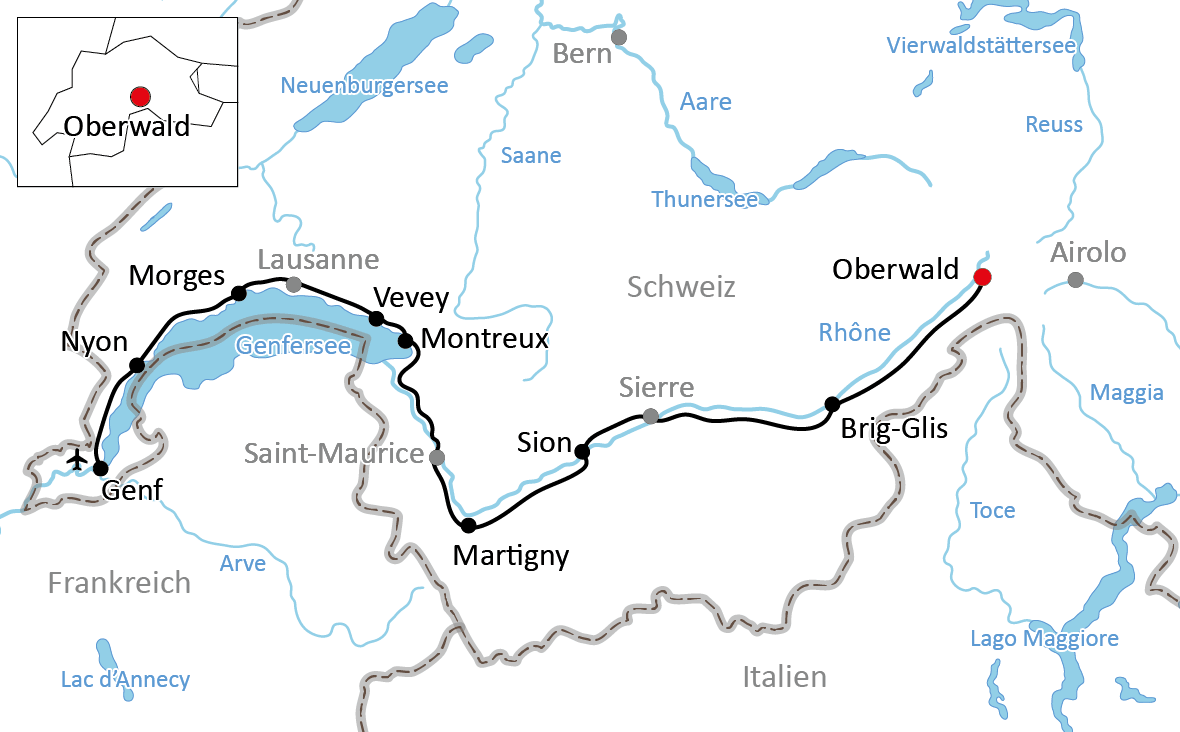 Karte zur Rhône-Route in der Schweiz