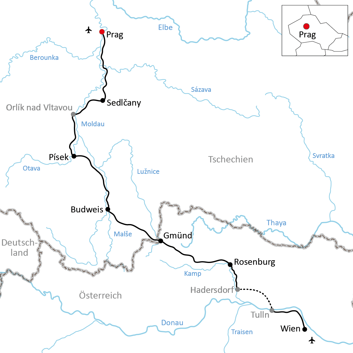Karte zur Radreise von Prag nach Wien