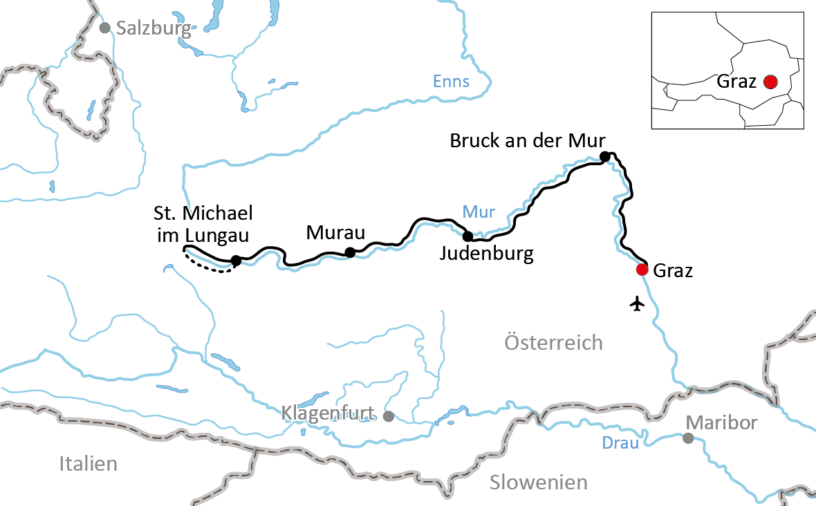 Karte zur Mur-Radtour ab Graz