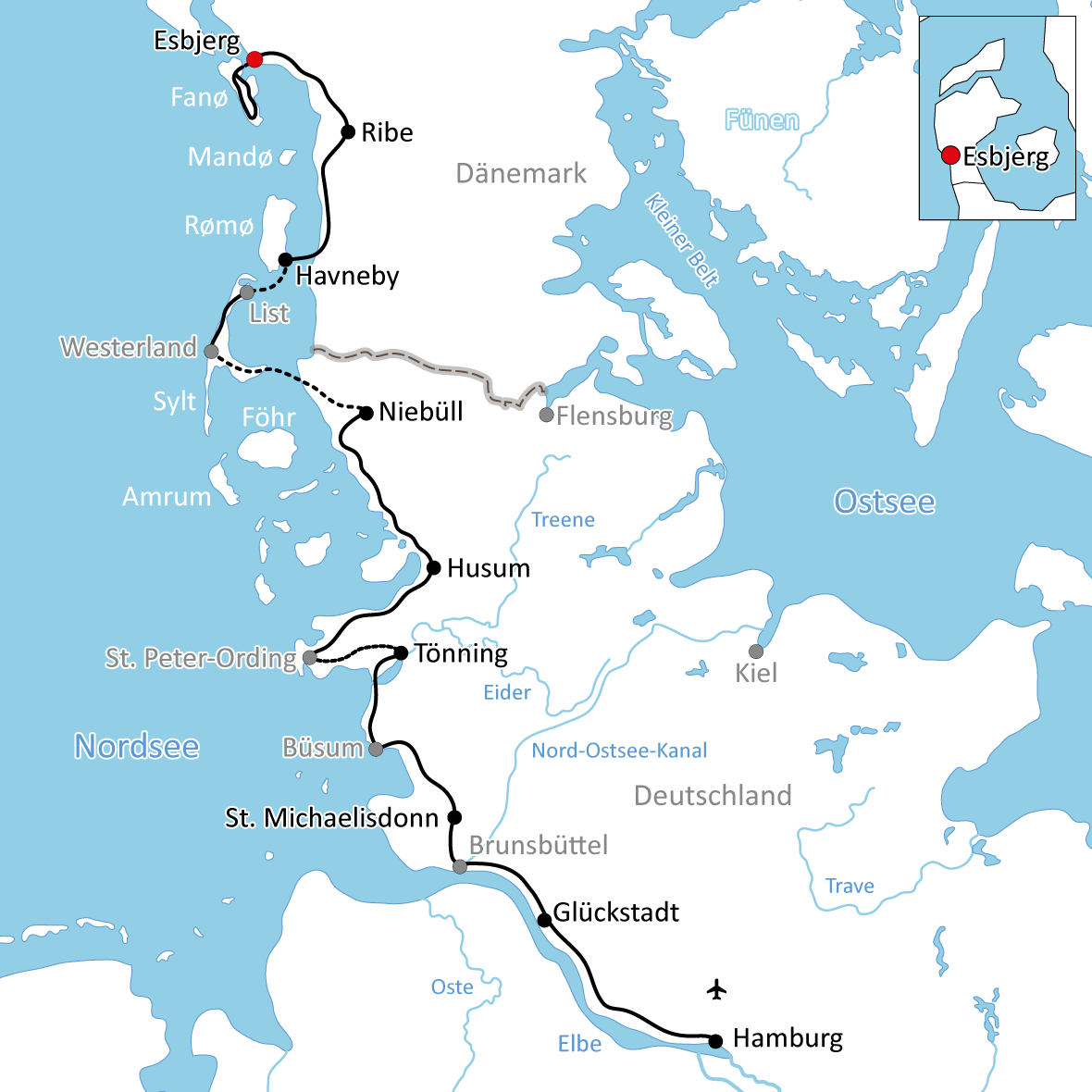Karte zum Nordseeradweg in Jütland