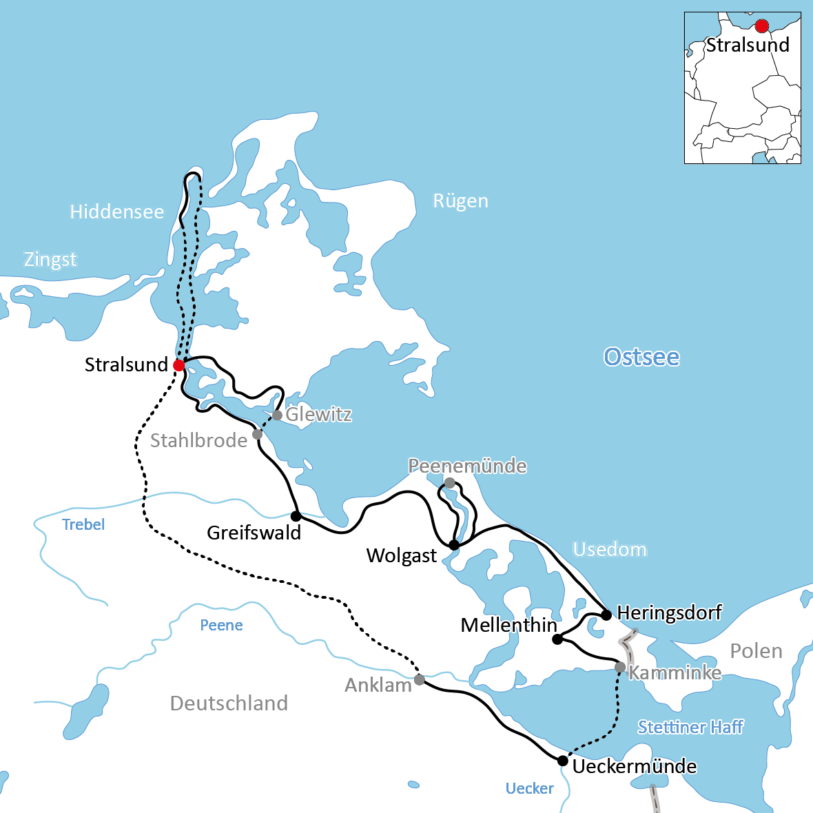 Karte zum Ostseeradweg in Vorpommern