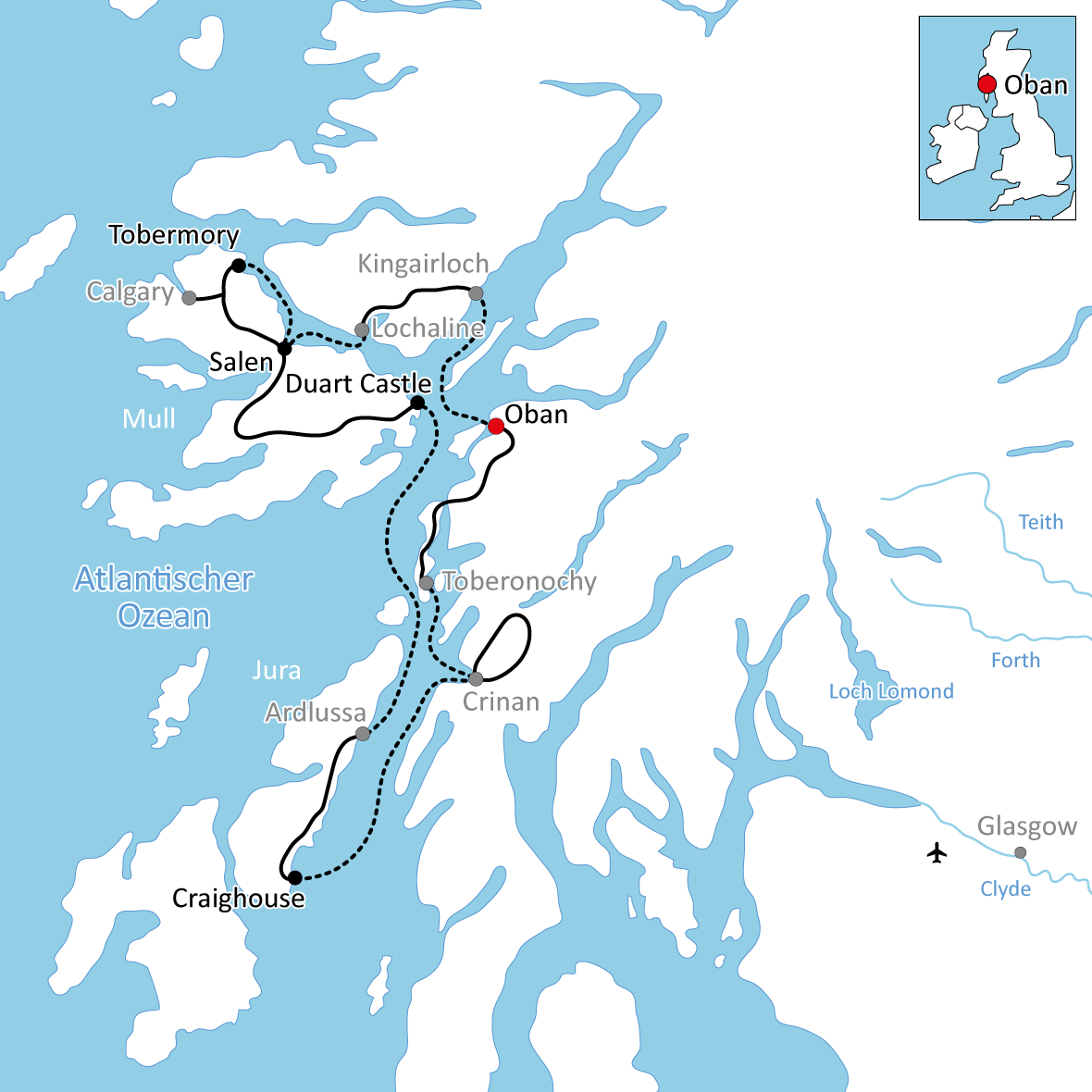 Karte zur Reise mit Rad und Schiff in Schottland