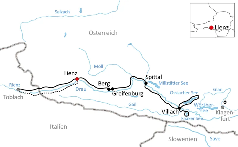 Karte zur Drau-Radtour für Familien