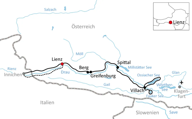 Karte zur Drau-Radtour für Familien