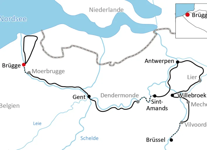 Karte zur Reise mit Rad und Schiff in Flandern