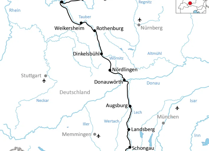 Karte zur Radtour auf der Romantischen Straße