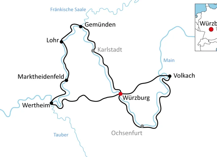Karte zur Radtour rund um Würzburg