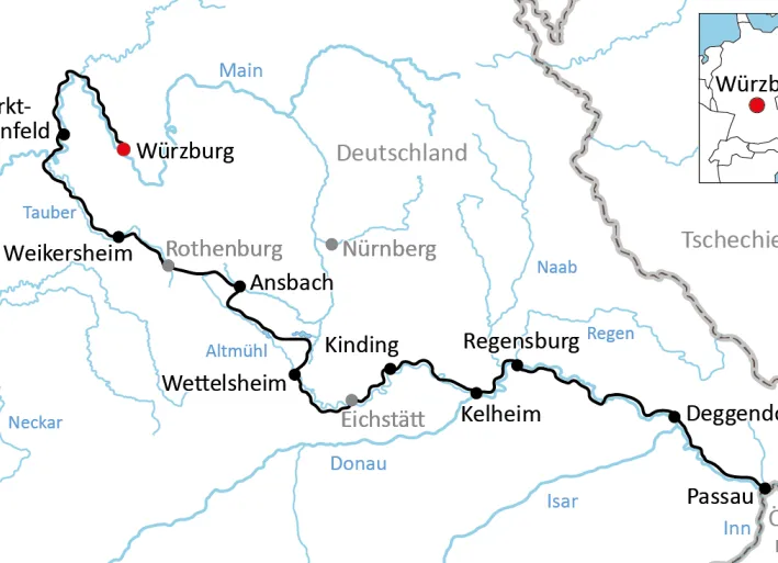 Karte zur Radtour von Unterfranken nach Niederbayern