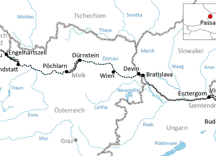 Karte zur Reise mit Rad und Schiff auf der Donau