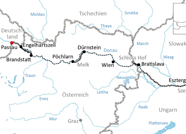 Karte zur Reise mit Rad und Schiff auf dem Donauradweg