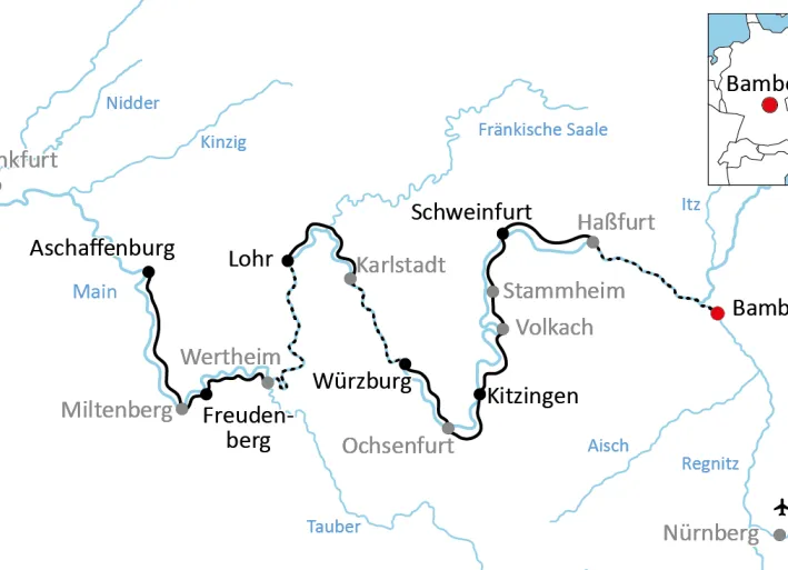Karte zur Reise mit Rad und Schiff am Main von Bamberg nach Aschaffenburg