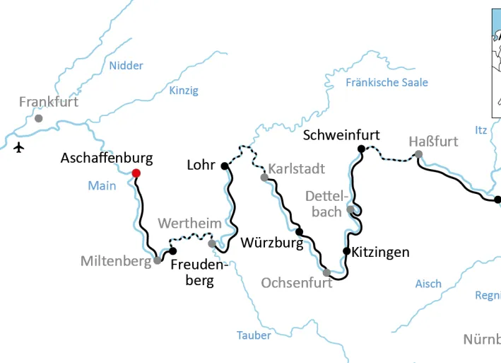 Karte zur Reise mit Rad und Schiff am Main von Aschaffenburg nach Bamberg